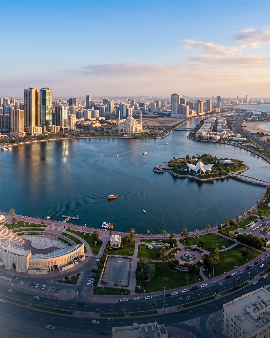 Aerial view over Khalid Lagoon and the Al Majaz skyline, Sharjah (stylised artwork)